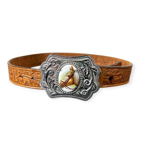 Tony Lama Tooled Leather Belt with Horse Buckle 30\